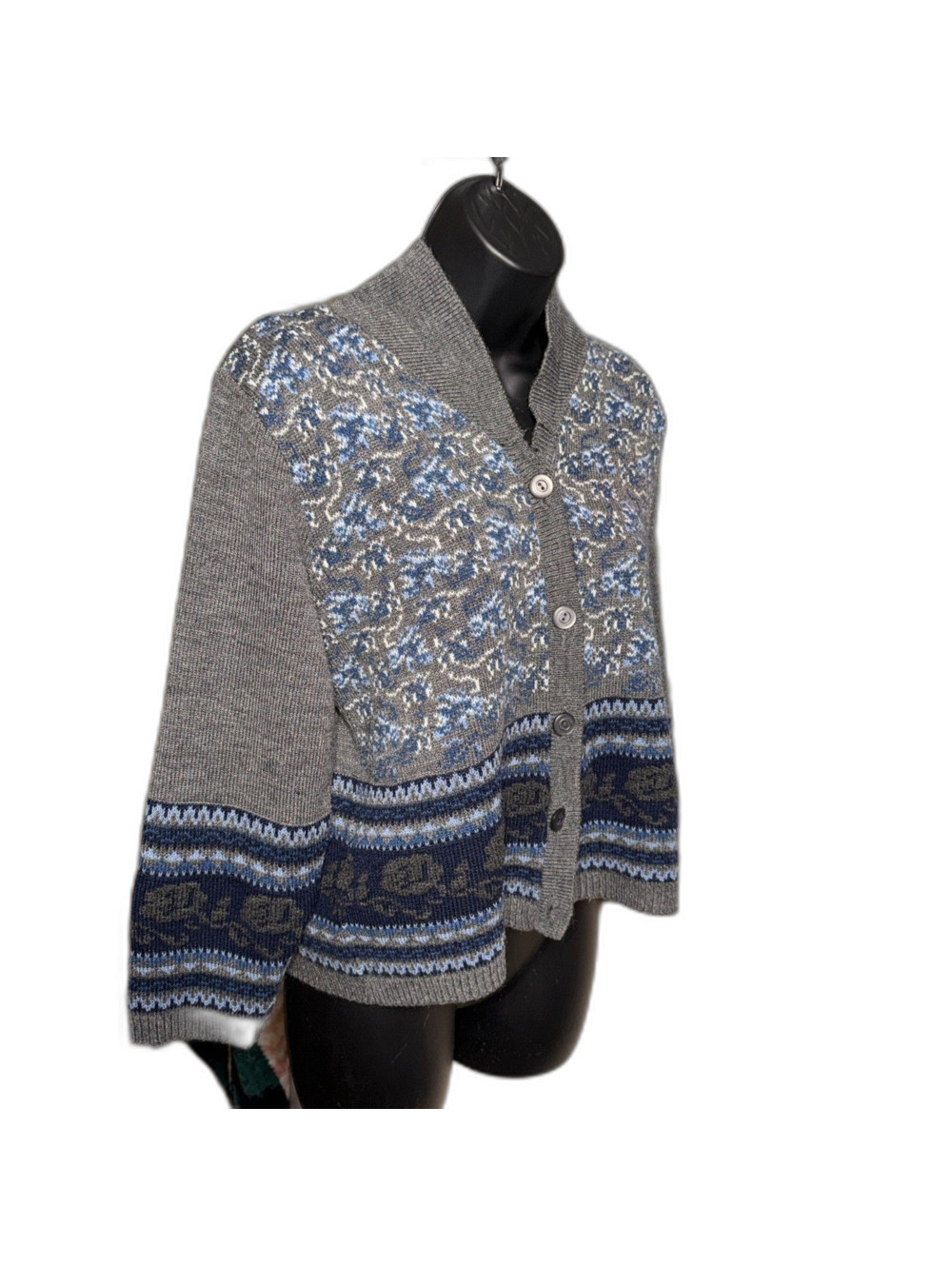 VTG Norton McNaughton Petites Gray Blue Floral Jacquard Cardigan Sweater Size P